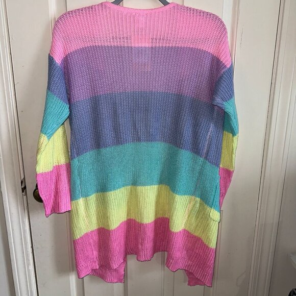Pastel Rainbow Knit Long Sleeve Cardigan Lightweight Spring Pockets Colorblock - Picture 16 of 16